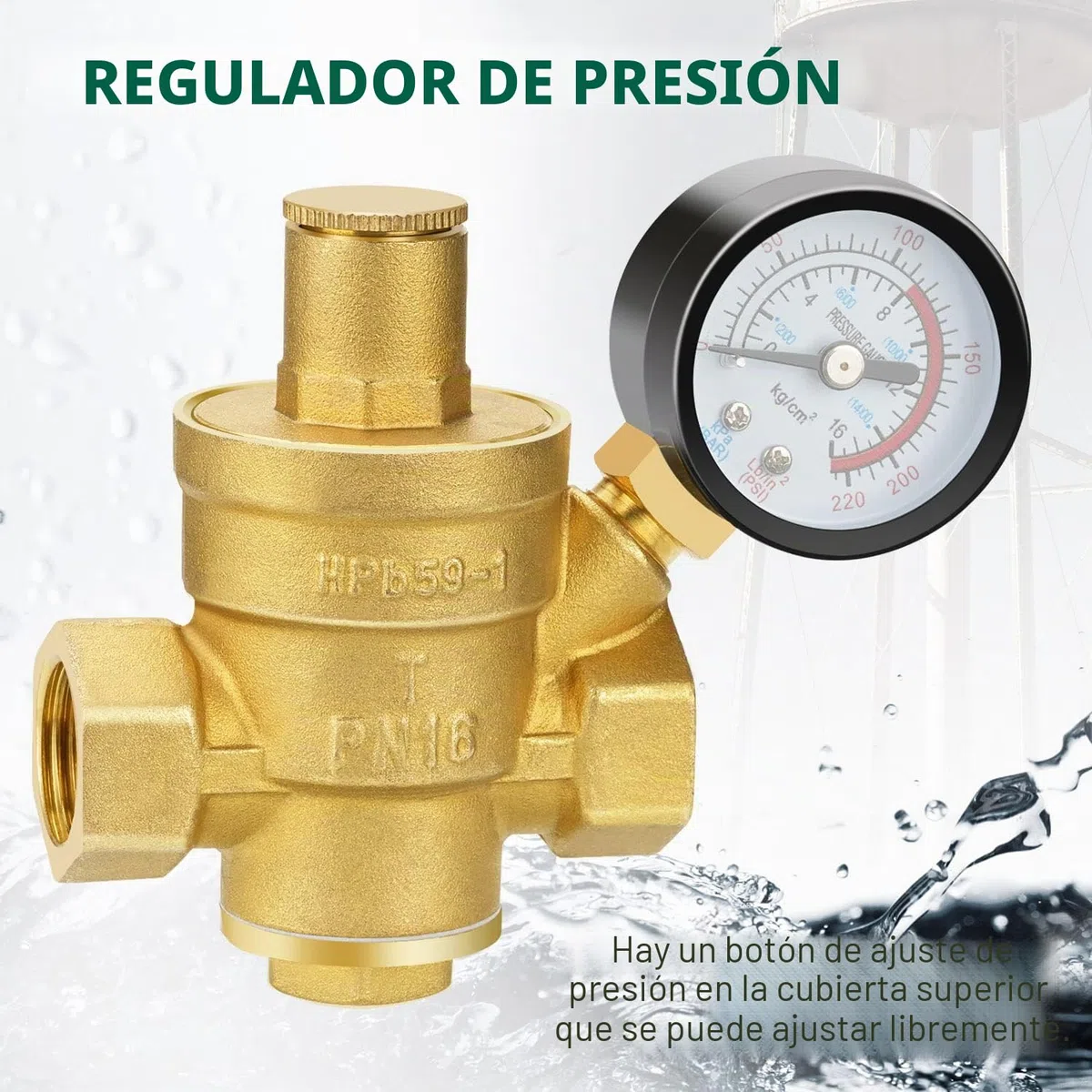 Reductor de presión de agua 1/2 pulgadas, regulador de presión de agua DN15 con manómetro y 2 herramientas de ajuste, regulador de presión de latón de 16 MPa