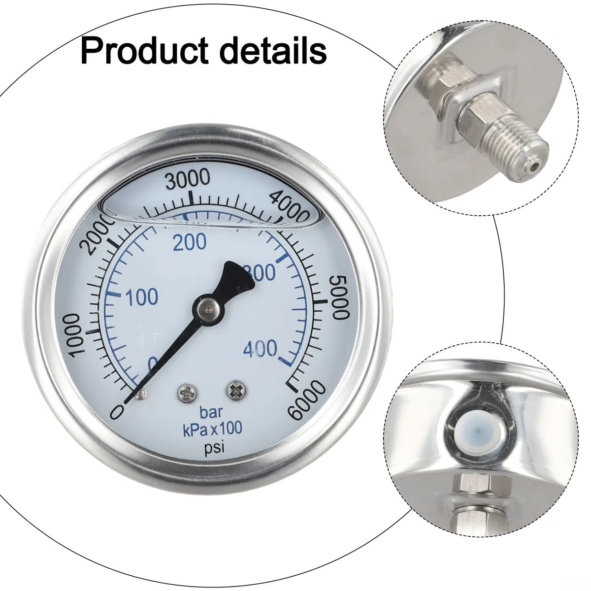 Medidor de lavado a presión de acero inoxidable 0-6000 PSI, relleno de glicerina para conexión rápida M14, escala dual para dial para limpiadores de gas eléctricos (0-6000 PSI)