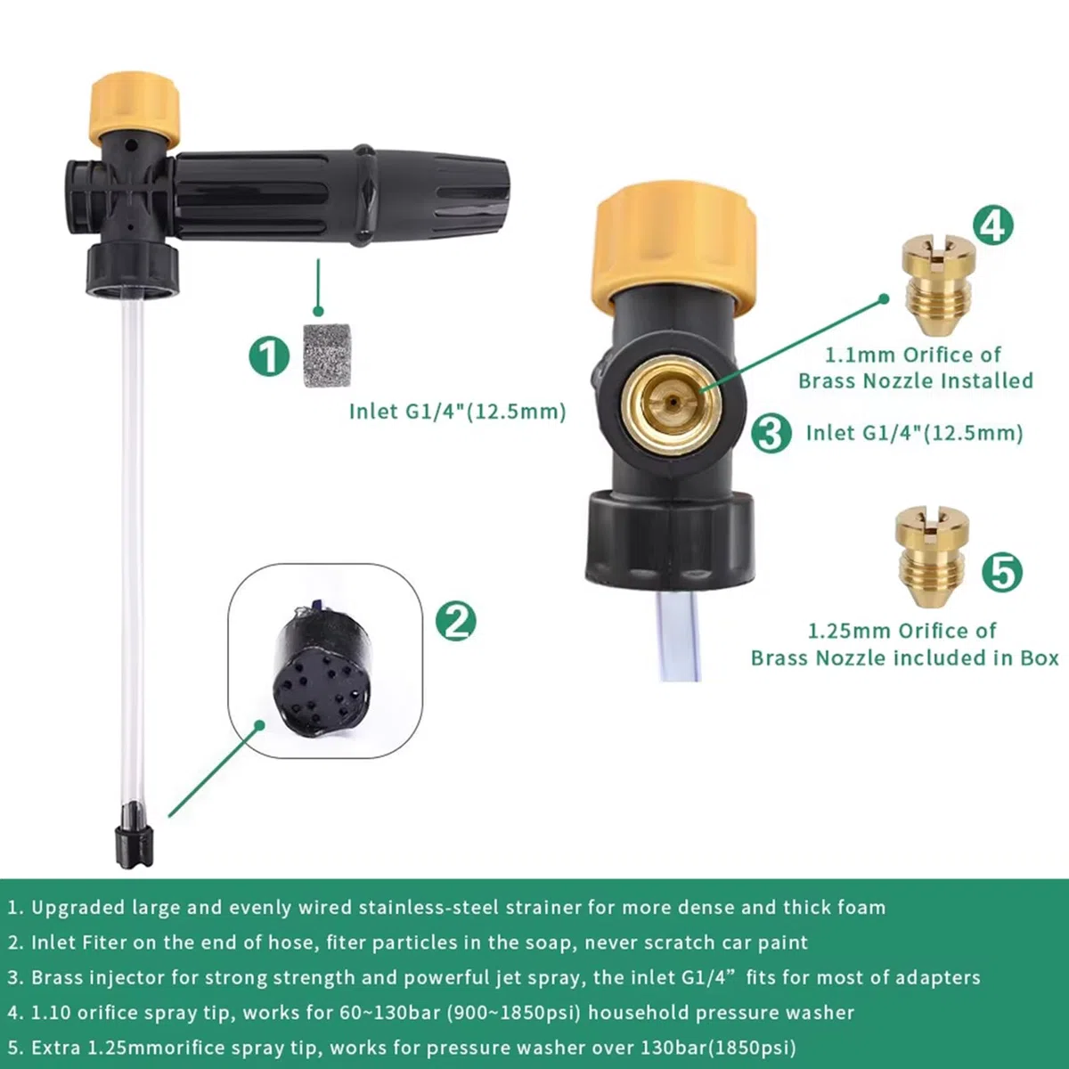 Boquilla de espuma de lanza de espuma para nieve para lavadora a presión BEARFORCE con puntas de 1,25 y 1,10 mm, compatible con limpiadores de alta presión Karcher serie K