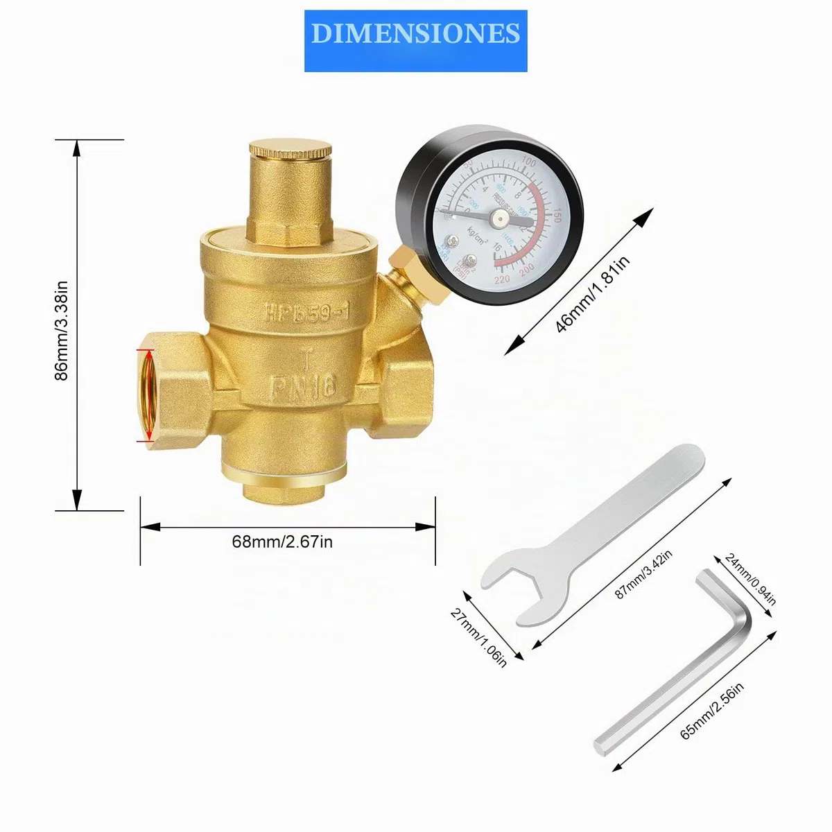 Reductor de presión de agua 1/2 pulgadas, regulador de presión de agua DN15 con manómetro y 2 herramientas de ajuste, regulador de presión de latón de 16 MPa