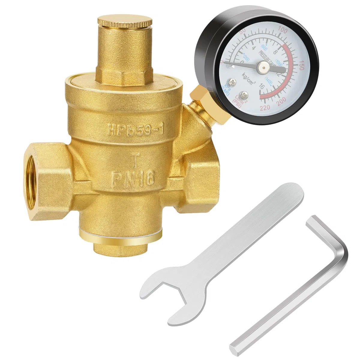 Reductor de presión de agua 1/2 pulgadas, regulador de presión de agua DN15 con manómetro y 2 herramientas de ajuste, regulador de presión de latón de 16 MPa