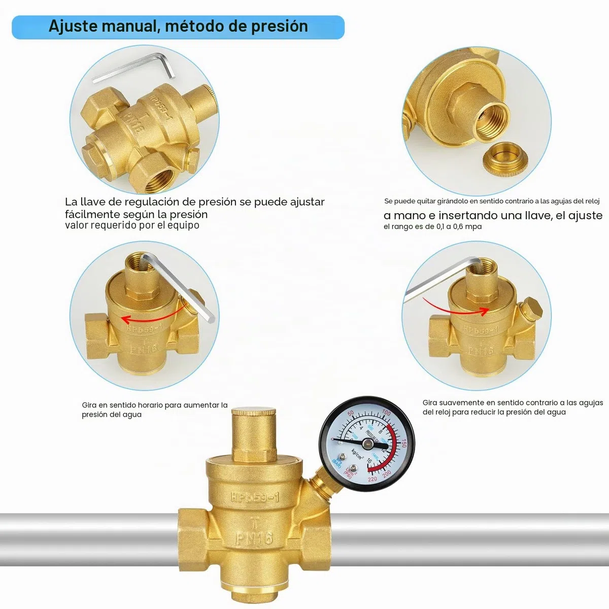 Reductor de presión de agua 1/2 pulgadas, regulador de presión de agua DN15 con manómetro y 2 herramientas de ajuste, regulador de presión de latón de 16 MPa